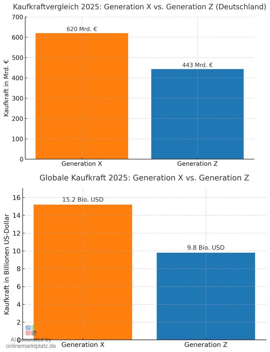 Die Infografik zeigt die Kaufkraft der Generation X im Vergleich zur Generation Z im Jahr 2025 – sowohl für Deutschland als auch im globalen Maßstab. In Deutschland liegt die Generation X Kaufkraft 2025 mit 620 Milliarden Euro rund 40 % über der Generation Z. Weltweit beträgt der Abstand ebenfalls mehrere Billionen US-Dollar: 15,2 Billionen bei Generation X gegenüber 9,8 Billionen bei Generation Z. Diese Zahlen unterstreichen die dominante Rolle der Generation X als führende Konsumentengruppe.