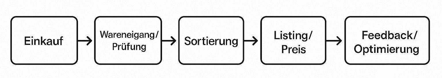 Ablauf vom Einkauf der Mischpalette bis zum Einzelverkauf mit Prüf- und Aufbereitungsstufen