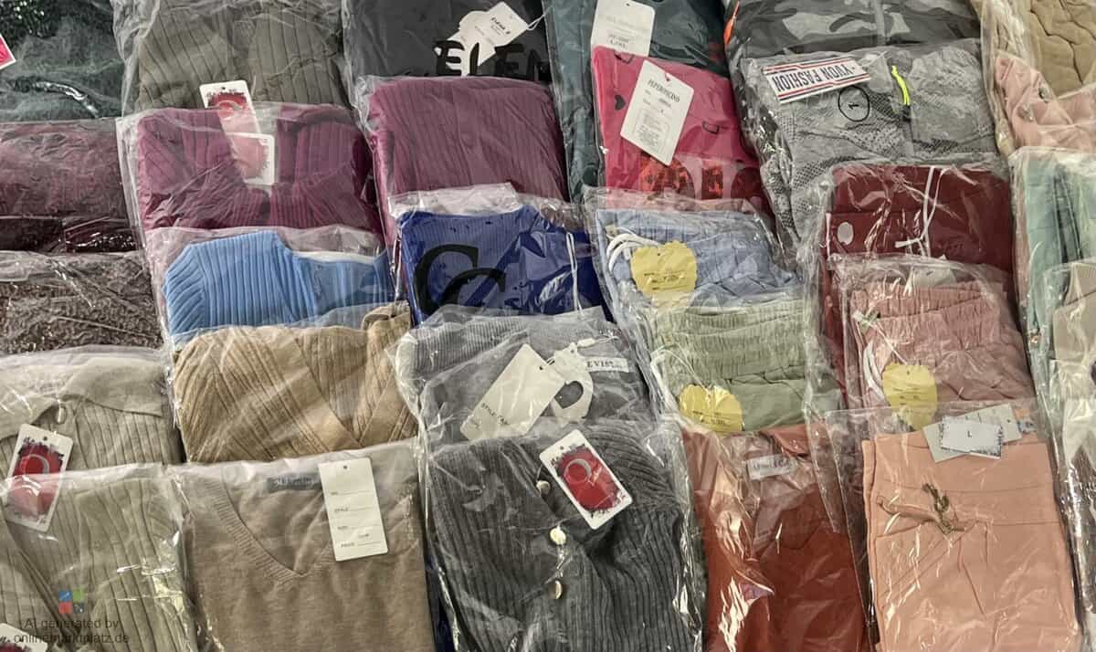 Verpackte Bekleidung aus einer Geschäftsauflösung, sortiert nach Modellen und Farben