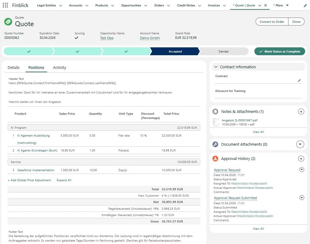 Finblick-Angebot mit Produkten, Rabatten, Umsatzsteuer, Anhängen und Genehmigungsstatus